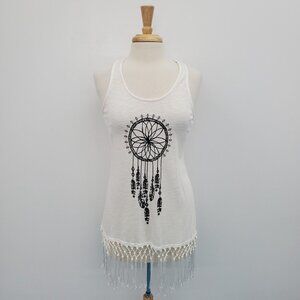 Romeo + Juliet Womens Dream Cathcher Fringe Tank Top Size M White Black Boho